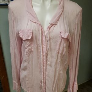 J. Jill Pink Sheer Snap Up Shirt Long Sleeved Womens Size L Pockets Beautiful